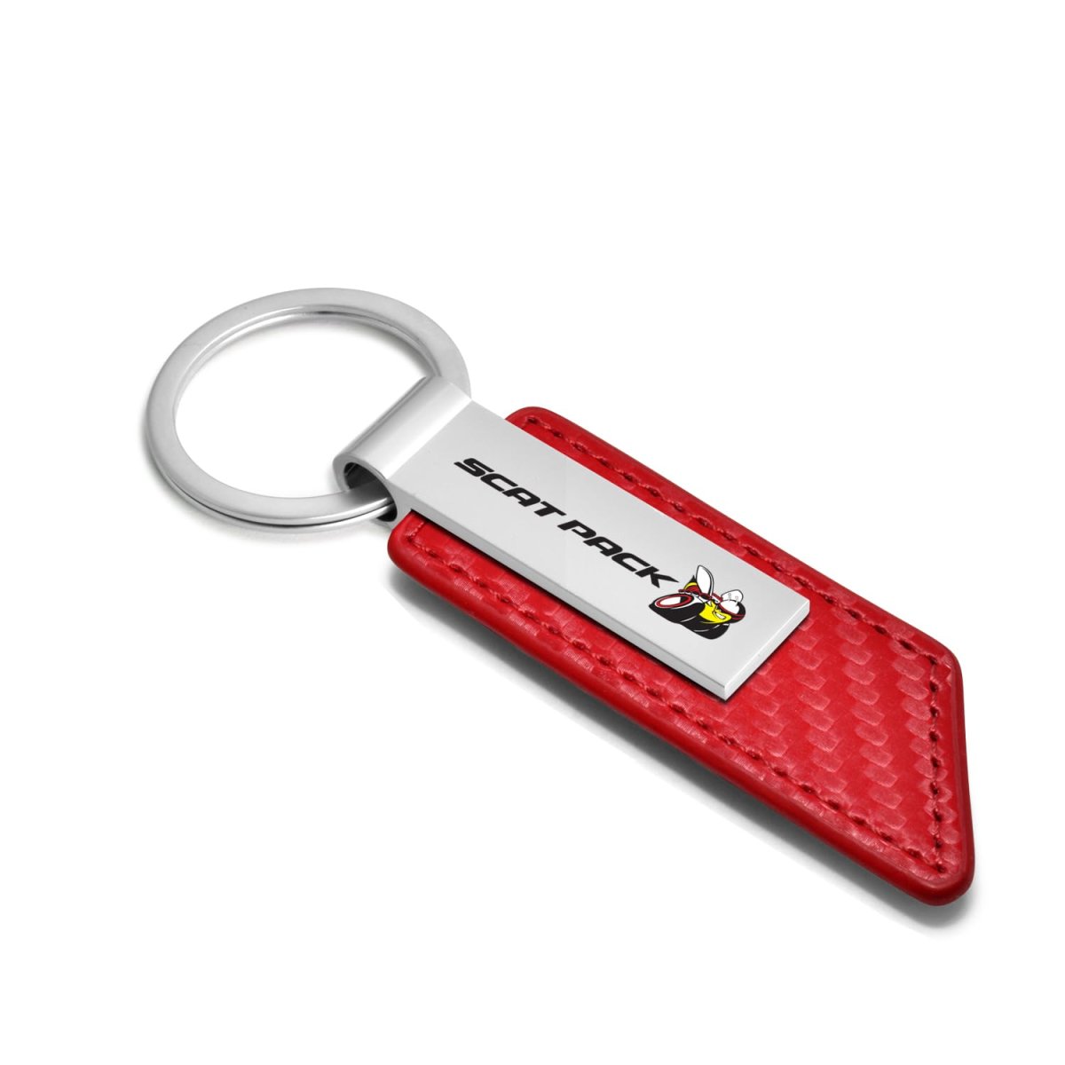 Dodge Scat Pack Red Pu Leather Carbon Fiber Texture Strap Key Chain With Silver Metal Bar Official Licensed 3 75 In X 1