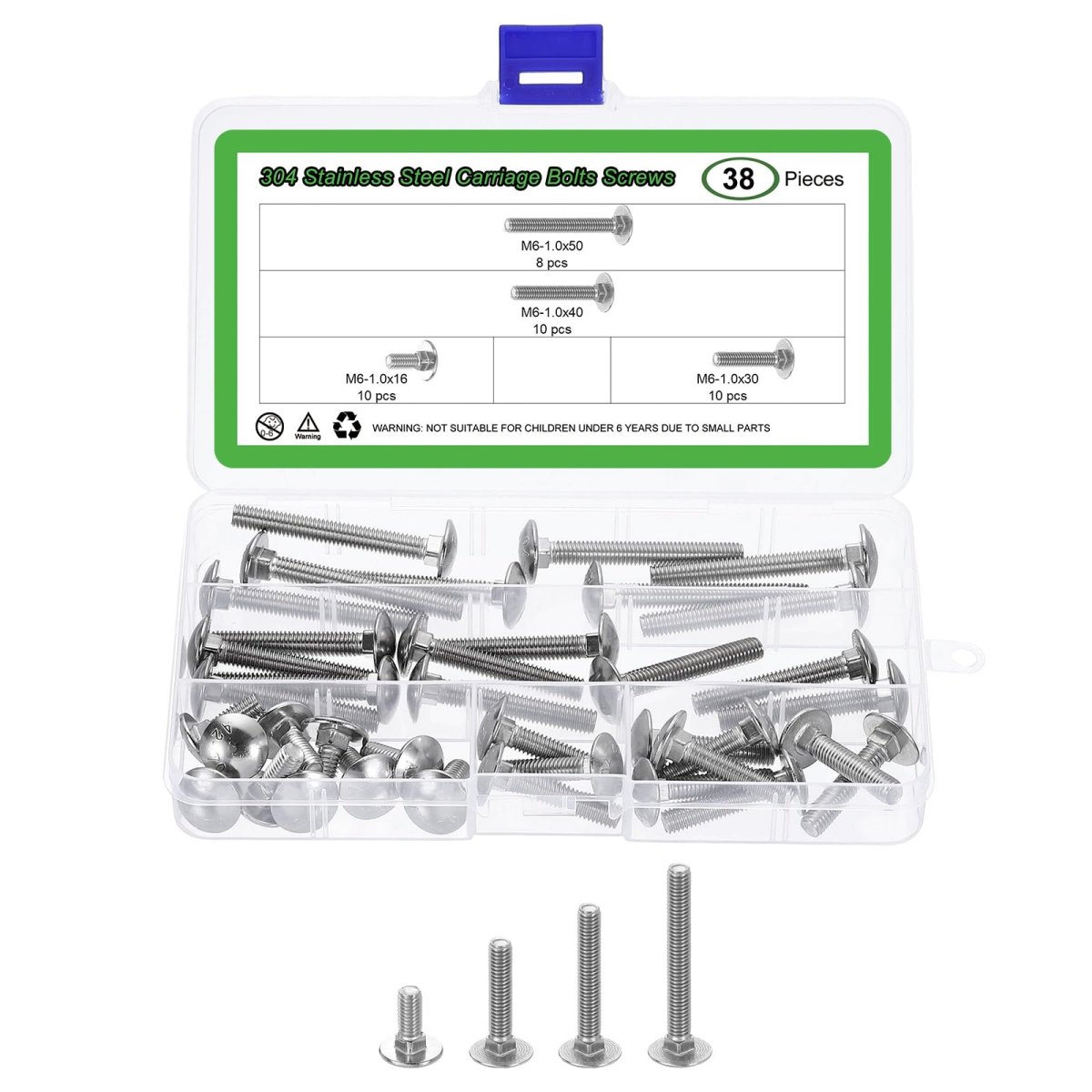 M6 Stainless Steel 304 Carriage Bolts And Hex Nuts Kit 38 Pieces Round Head Square Neck Screws Silver Finish 16mm 30mm 40mm