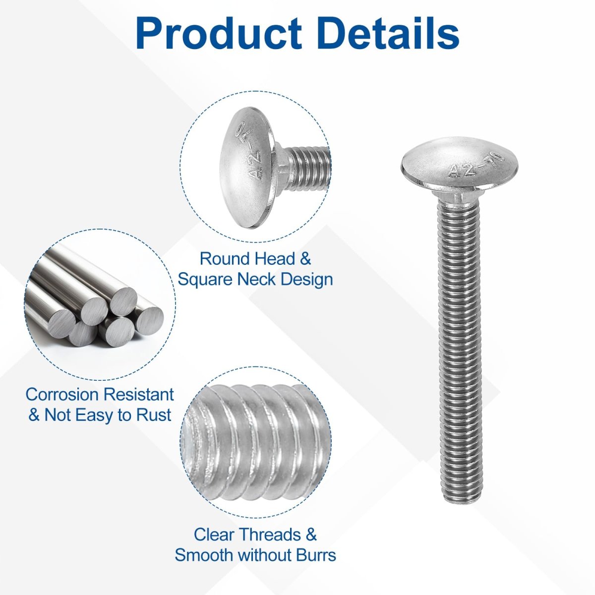 M6 Stainless Steel 304 Carriage Bolts And Hex Nuts Kit 38 Pieces Round Head Square Neck Screws Silver Finish 16mm 30mm 40mm