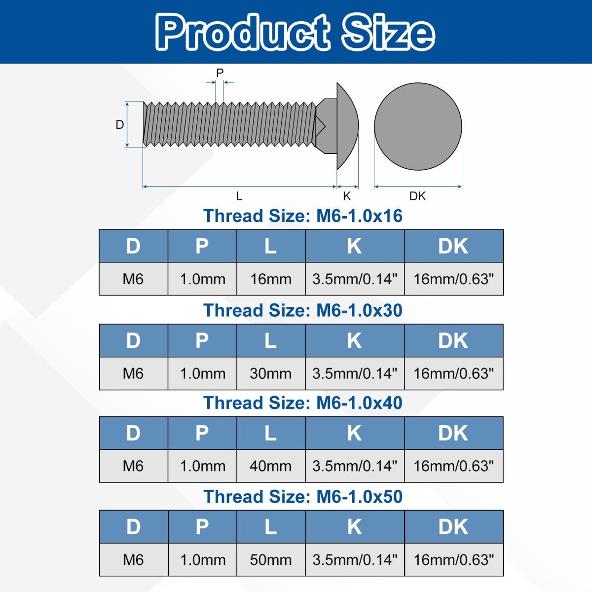 M6 Stainless Steel 304 Carriage Bolts And Hex Nuts Kit 38 Pieces Round Head Square Neck Screws Silver Finish 16mm 30mm 40mm