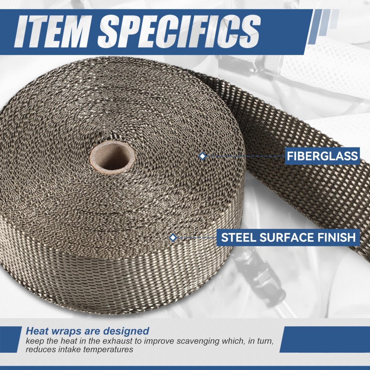 Auto Dynasty Exhaust Header Heat Wraps Roll With 10 Steel Ties 2in X 50ft Fiberglass Shield Tape For Motorcycle Car Exhausts