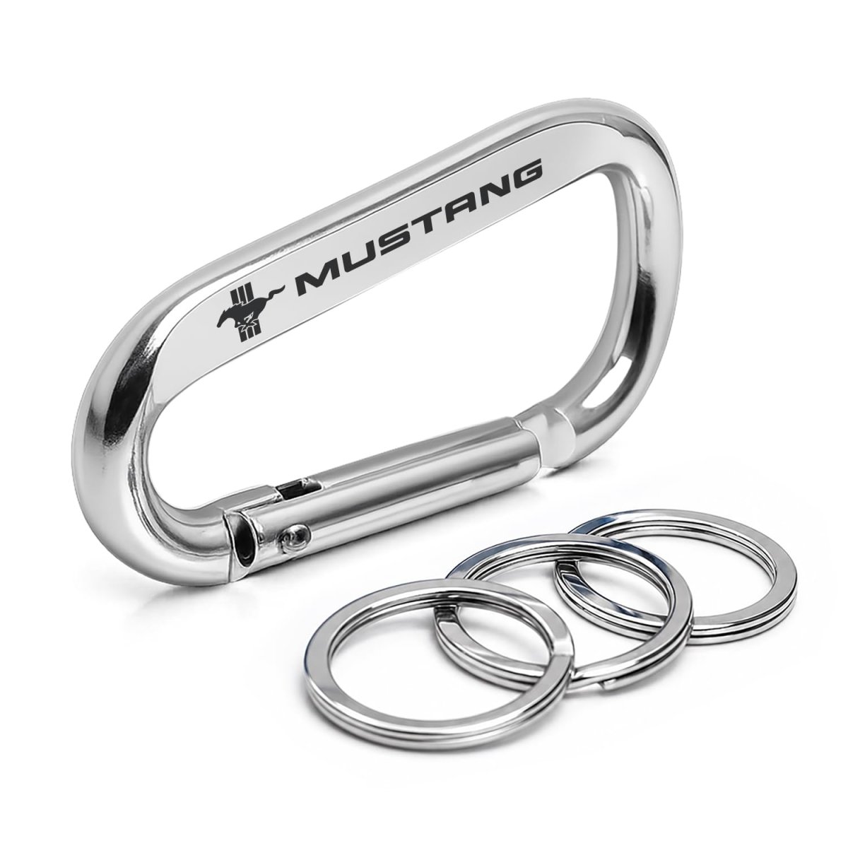 Ipick Image Officially Licensed Ford Mustang Tri-bar Laser-etched Silver Metal Carabiner Keychain With Split Key Rings