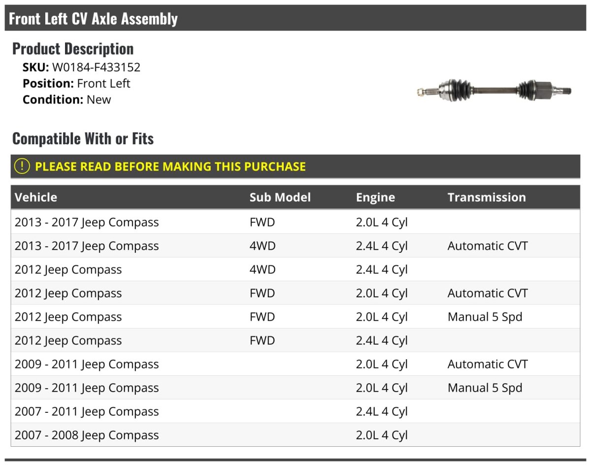 Front Left Driver Side Cv Axle Assembly For 2007-2017 Jeep Compass