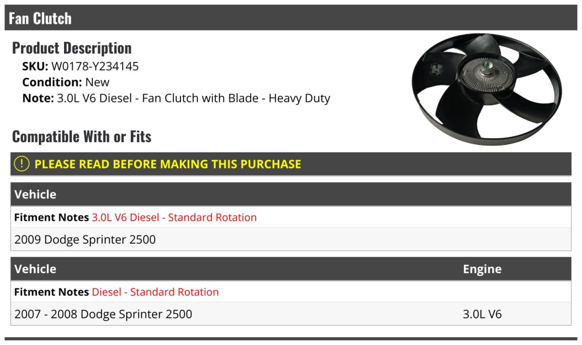 Fan Clutch With Blade Heavy Duty Type For 2007-2009 Dodge Sprinter 2500 3 0l V6 Diesel