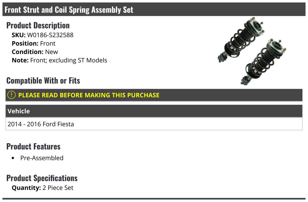 Front Strut And Coil Spring Assembly Set Of 2 For 2014 2016 Ford Fiesta Excluding St Models Pre Assembled