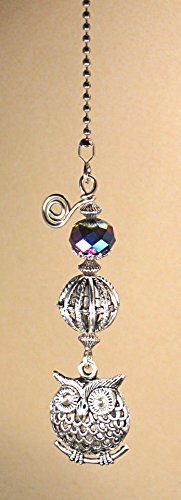 Antiqued Pewter Silvery Metal Owl And Lampwork Glass Fan Pull Chain Light