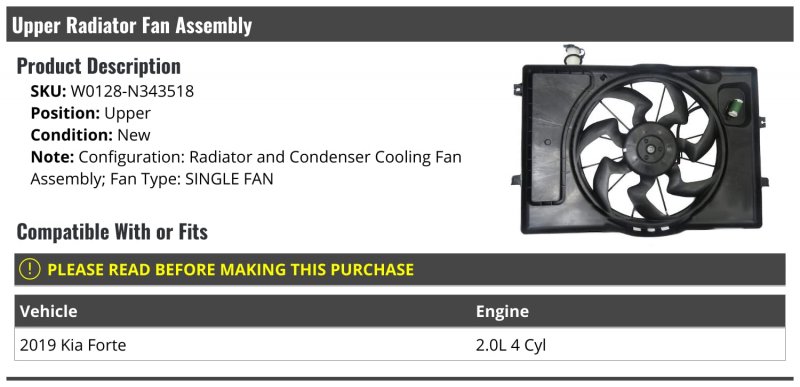 Upper Radiator Fan Assembly Single For 2019 Kia Forte 2 0l 4-cylinder