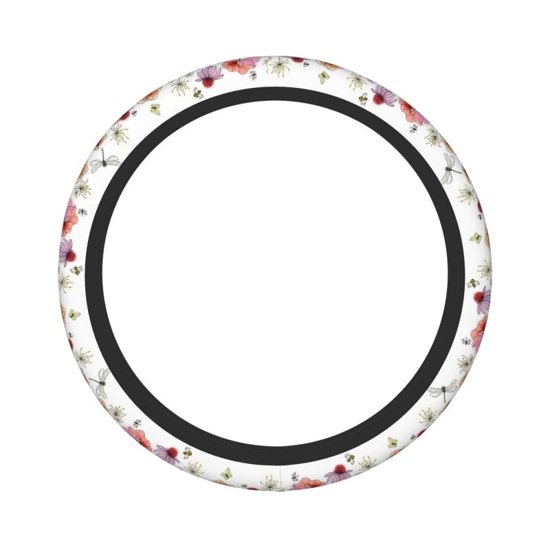 Colorful Wildflowers Steering Wheel Covers With Butterflies Bees Dragonfly And Ladybugs Floral Border Non Slip Neoprene Car