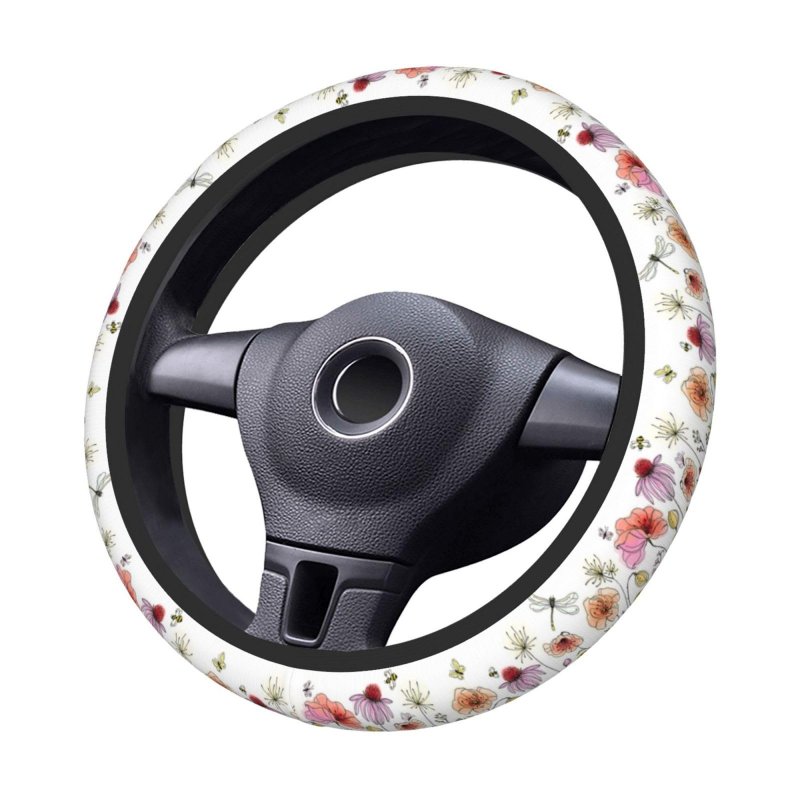 Colorful Wildflowers Steering Wheel Covers With Butterflies Bees Dragonfly And Ladybugs Floral Border Non Slip Neoprene Car
