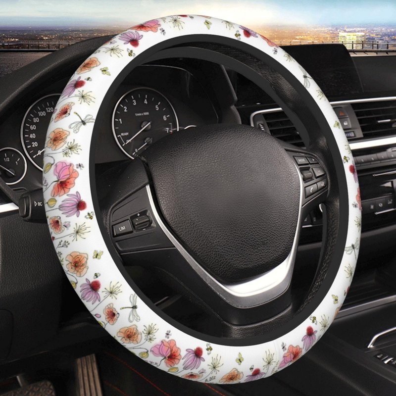 Colorful Wildflowers Steering Wheel Covers With Butterflies Bees Dragonfly And Ladybugs Floral Border Non Slip Neoprene Car
