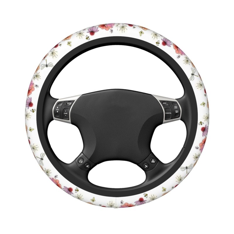 Colorful Wildflowers Steering Wheel Covers With Butterflies Bees Dragonfly And Ladybugs Floral Border Non Slip Neoprene Car