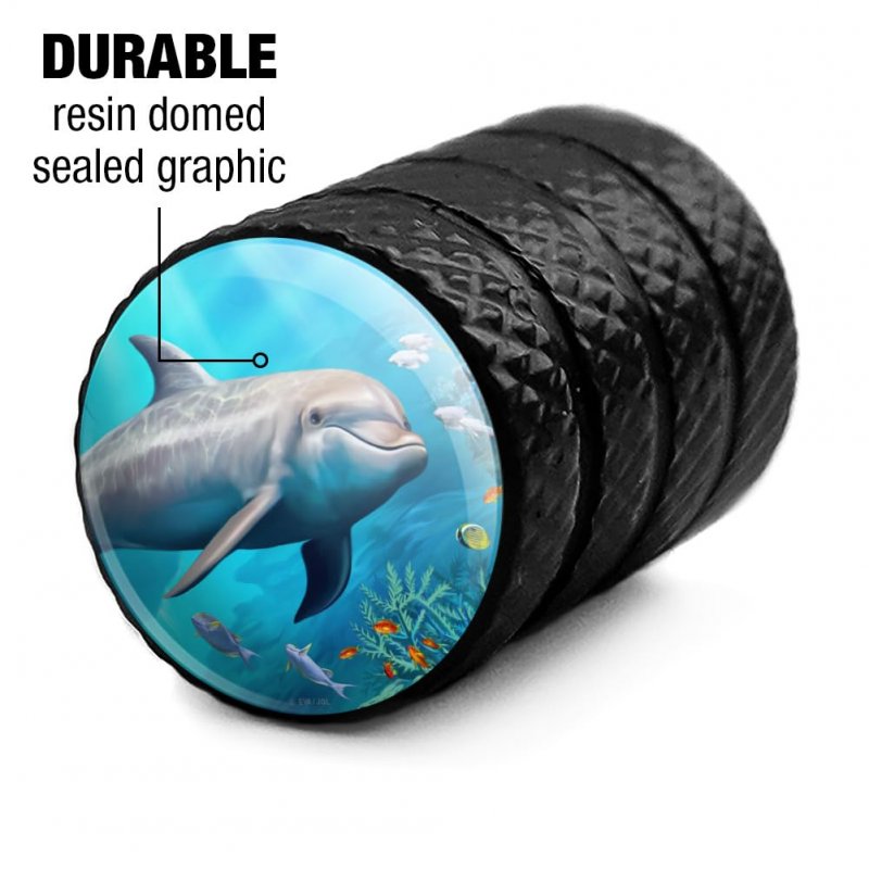 Coral Reef Dolphin Valve Stem Caps For Tire Rim Wheel Black Aluminum Air Covers Schrader Valves 4 Piece Set
