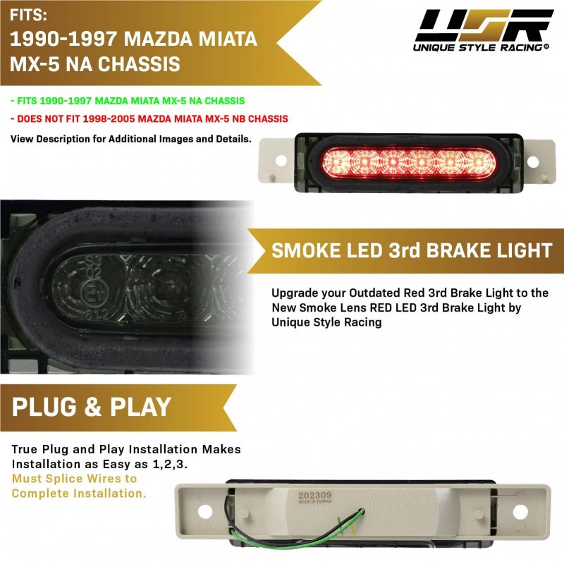 Rear 3rd Brake Light Smoke Lens Red Led For 1990 To 1997 Mazda Miata Mx5 Mk1 Eunos Roadster Plug And Play Error Free High Mount
