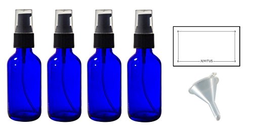2 Oz Cobalt Blue Glass Boston Round Treatment Pump Bottle 4 Pack Funnel And Labels For Essential Oils Aromatherapy Food Grade
