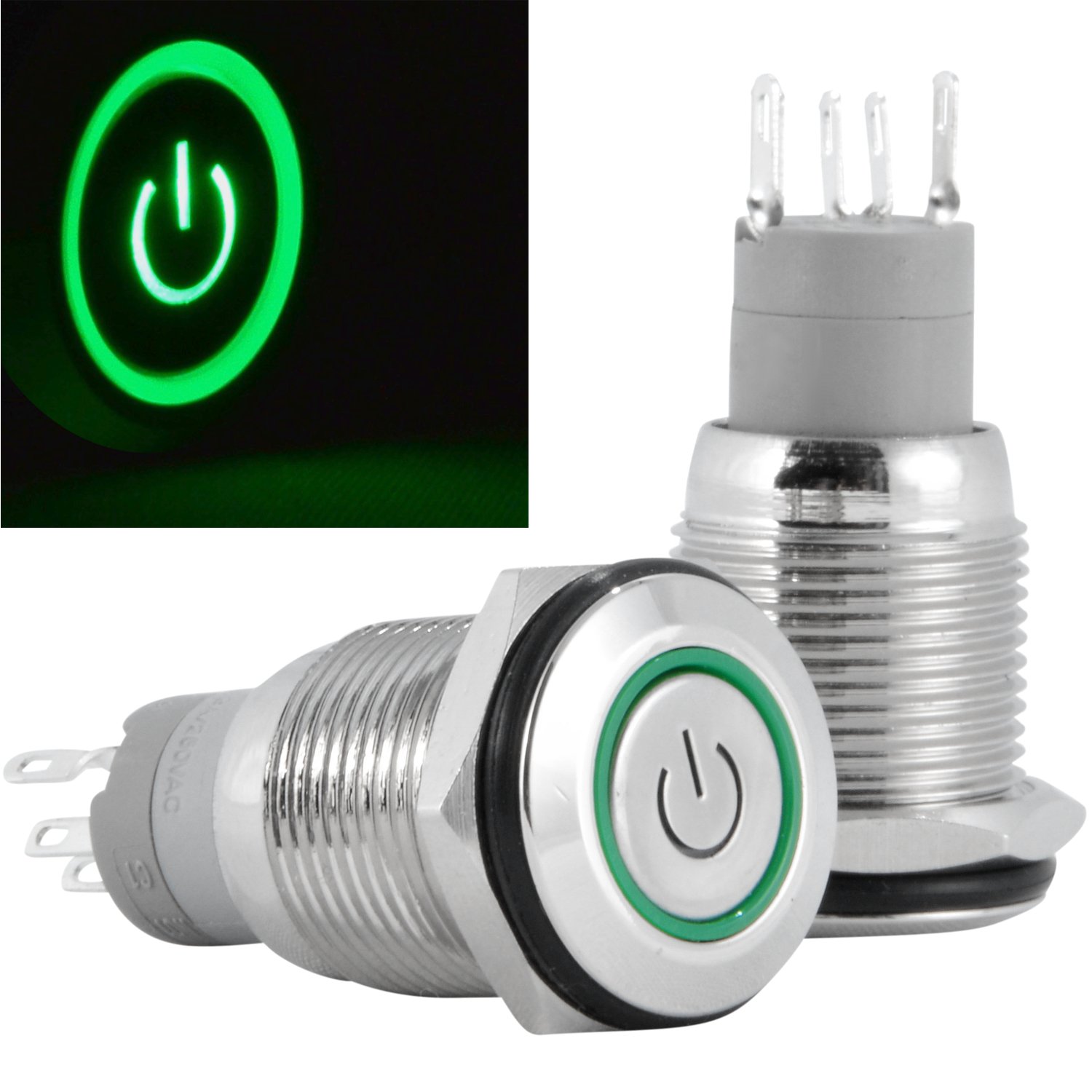 Latching Maintained Push Button Switch 16mm Panel Cutout Stainless Steel Silver With Green Power Symbol Led Light Spdt On Off