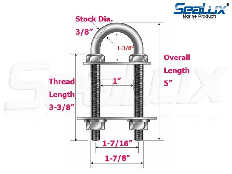 Sealux Marine Boat Bow Eye Stern U Bolt Tie Down 3 8 Stock 5 Overall Length 3-3 Thread With Hex Nuts And Split