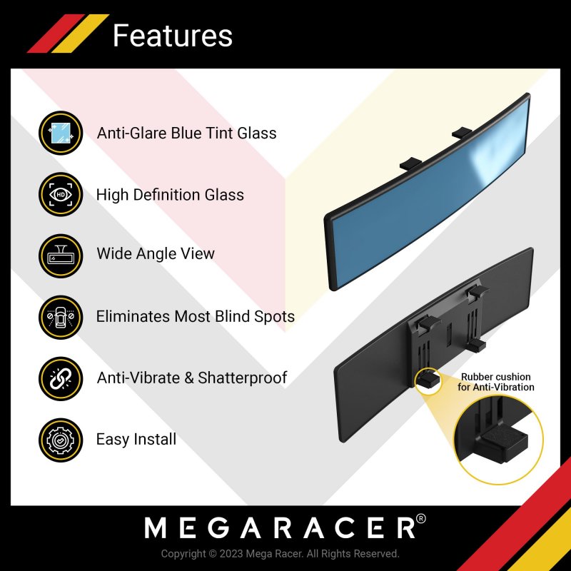 Mega Racer 10 63a 270mm Car Rear View Mirror Hd Blue Tint Panoramic Wide Angle Convex Surface 2 Interior Retractable Rubber