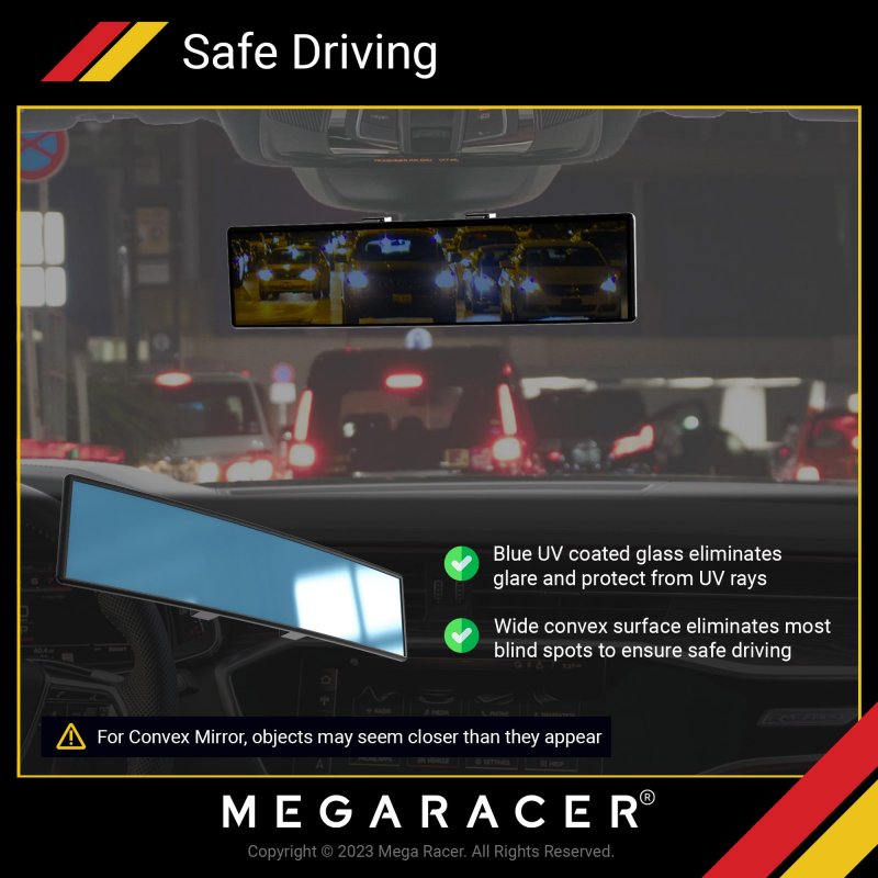 Mega Racer 10 63a 270mm Car Rear View Mirror Hd Blue Tint Panoramic Wide Angle Convex Surface 2 Interior Retractable Rubber