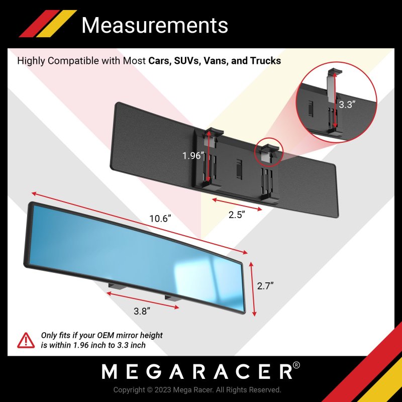 Mega Racer 10 63a 270mm Car Rear View Mirror Hd Blue Tint Panoramic Wide Angle Convex Surface 2 Interior Retractable Rubber