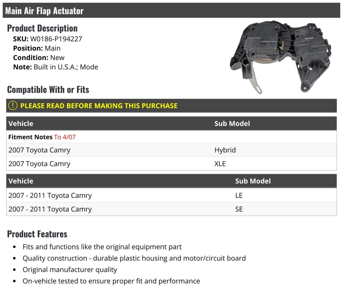 Main Air Flap Actuator For 2007 To 2011 Toyota Camry Le Se Xle And Hybrid Model W0186-p194227