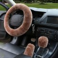 3pcs Set Pure Wool Steering Wheel Cover Winter Warm Fashion Fur Furry Australia Sheepskin Soft Fluffy Handbrake Gear Shift 