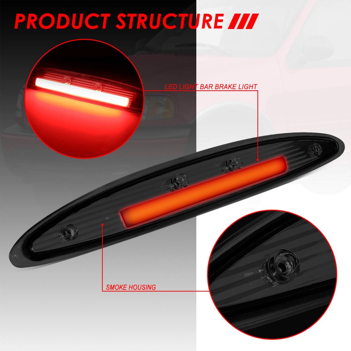 Auto Dynasty High Mount 3d Led Bar Third Tail Brake Light Rear Stop Lamp For Ford Expedition 97-02 Chrome Housing Smoked Lens