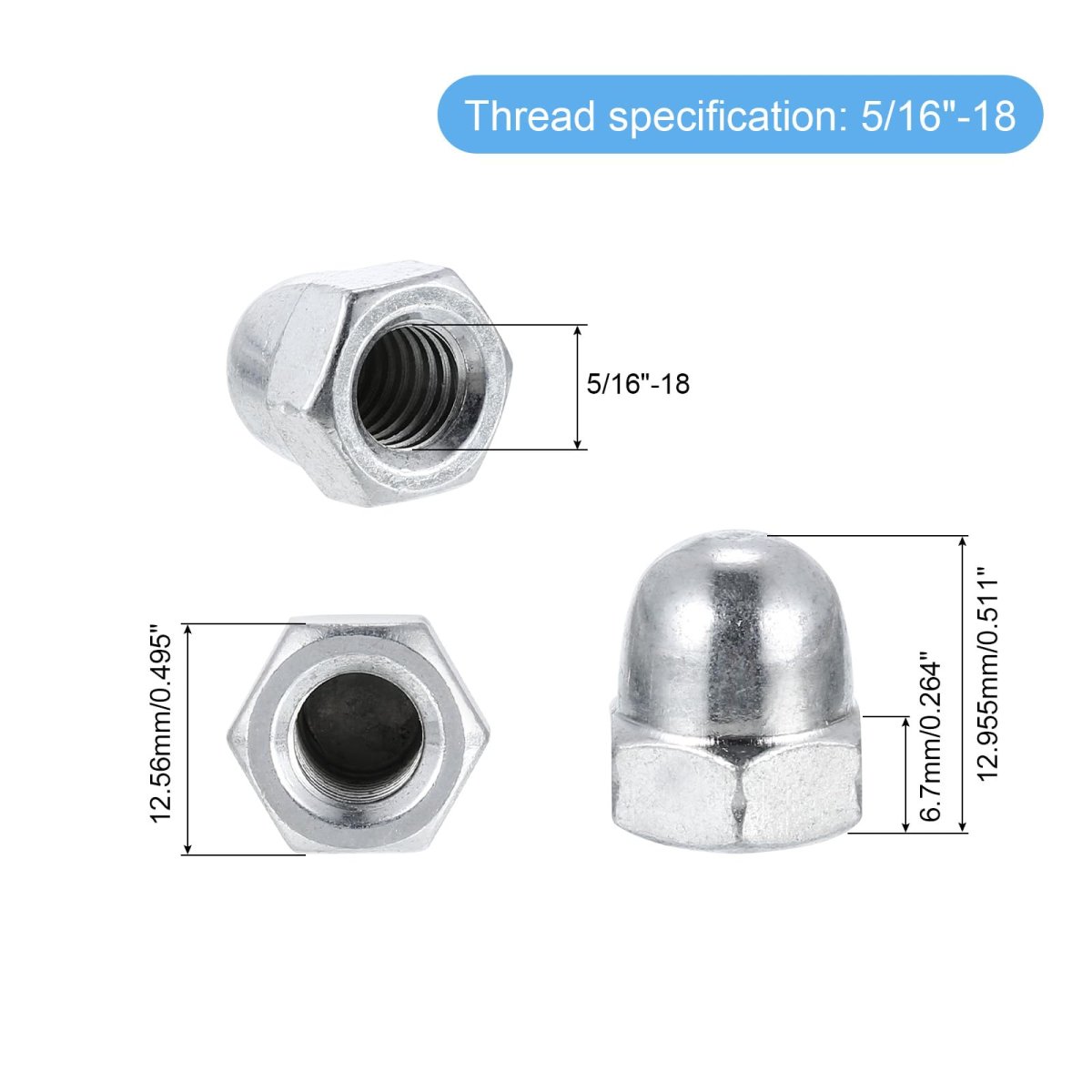 5 16 -18 Acorn Nuts Cap High Crown 50pcs Carbon Steel Chrome Finish Dome Head Nut Hardware For Bolt Cover Silvery