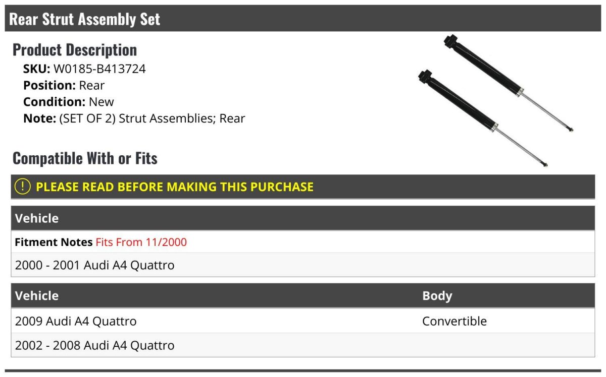 Rear Strut Assembly Set Of 2 For 2000-2009 Audi A4 Quattro Convertible From 11 2000