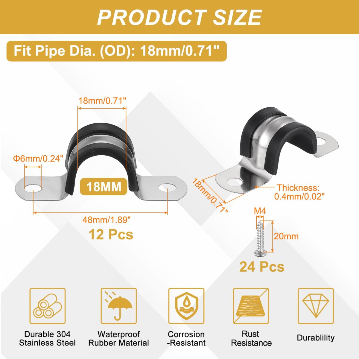 12pcs 18mm 11 16 Cable Clamp 304 Stainless Steel Rubber Coated Cushion Insulated Clamps U Holder Pipe Strap With M4x20mm Screws