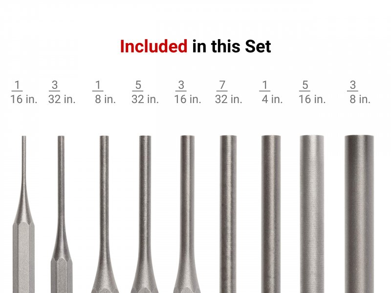 Pin Punch Set 9 Piece 1 16 To 3 8 In 5160 High Carbon Steel Pnc92001