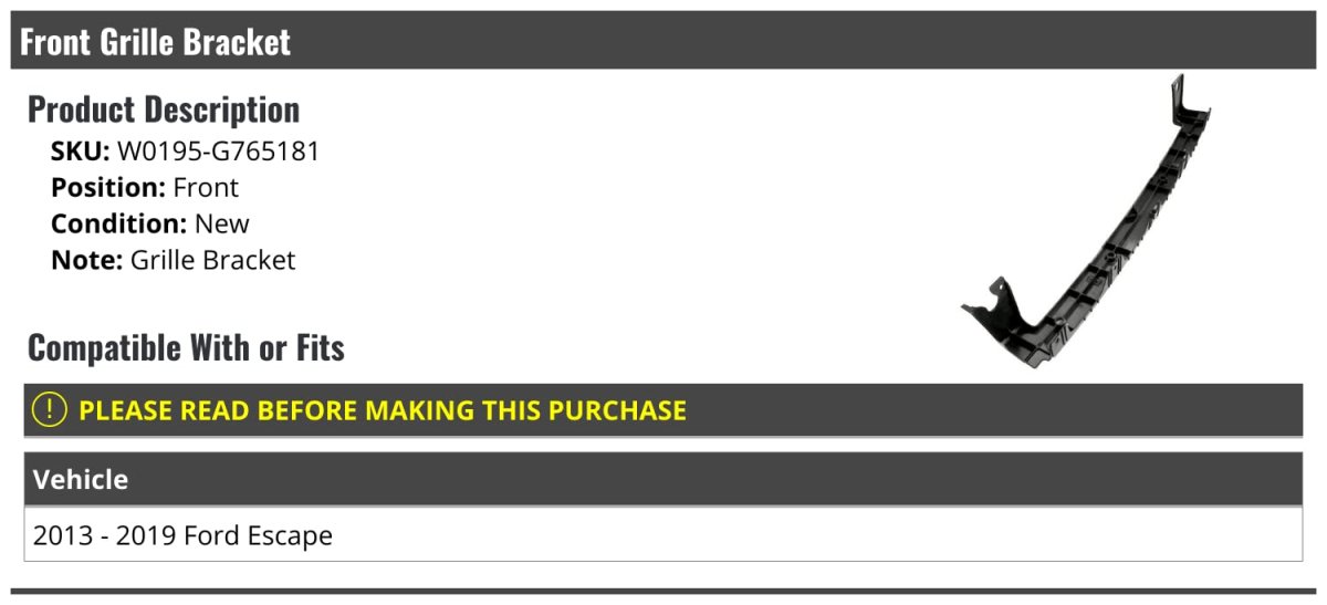 Front Grille Bracket For 2013-2019 Ford Escape