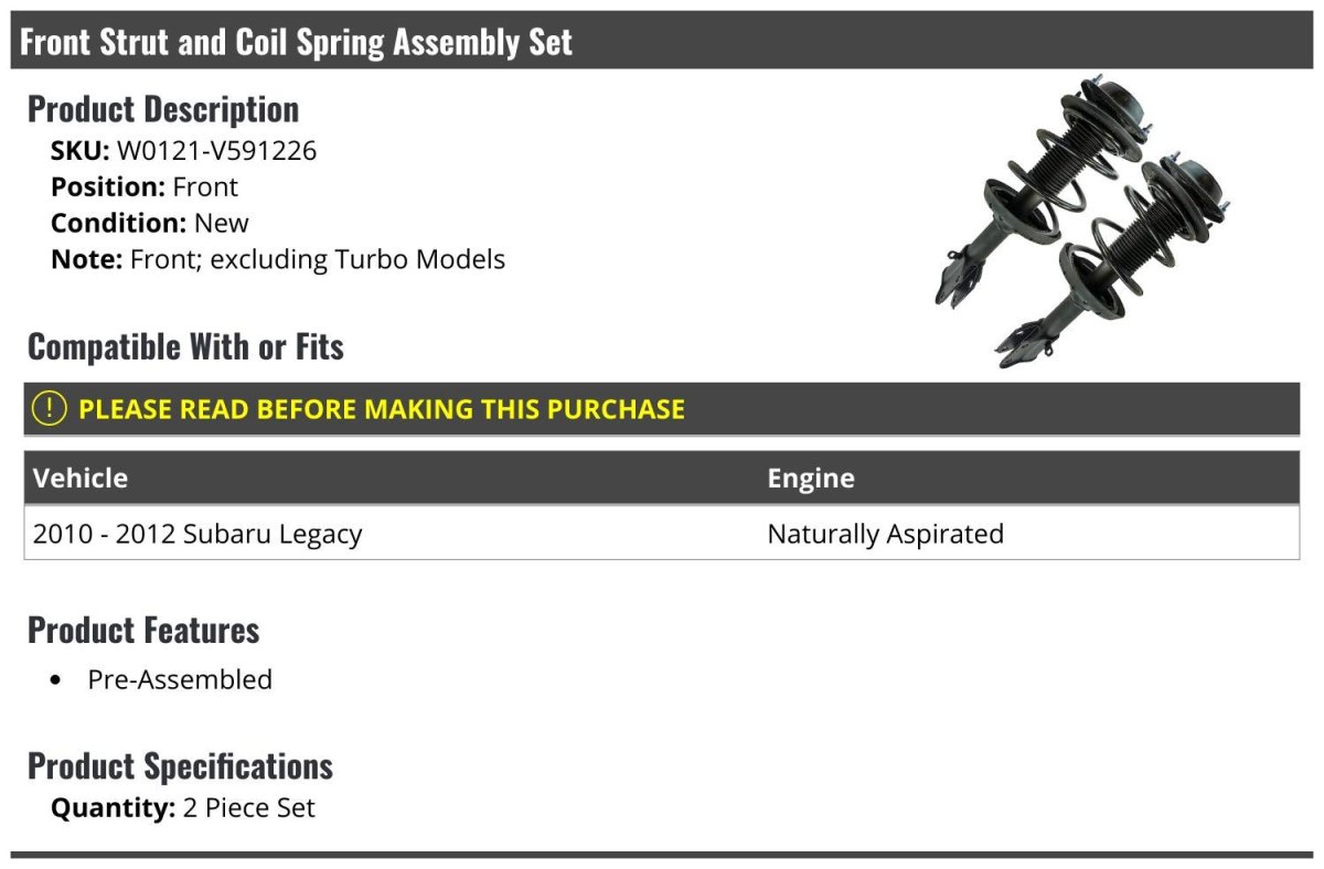 Front Strut And Coil Spring Assembly Set Of 2 For 2010 2012 Subaru Legacy Naturally Aspirated Excluding Turbo Models Pre
