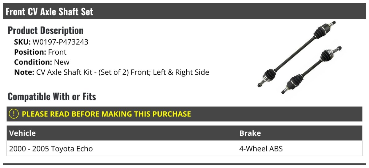 Front Cv Axle Shaft Set Of 2 For 2000-2005 Toyota Echo With 4-wheel Abs Brakes