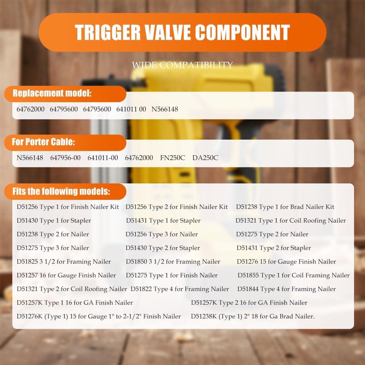 Trigger Valve Component Replacement 64762 For D51256 Type 1 And 2 Finish Nailer Kit Fits 647956 00 64795600 641011 00 N566148