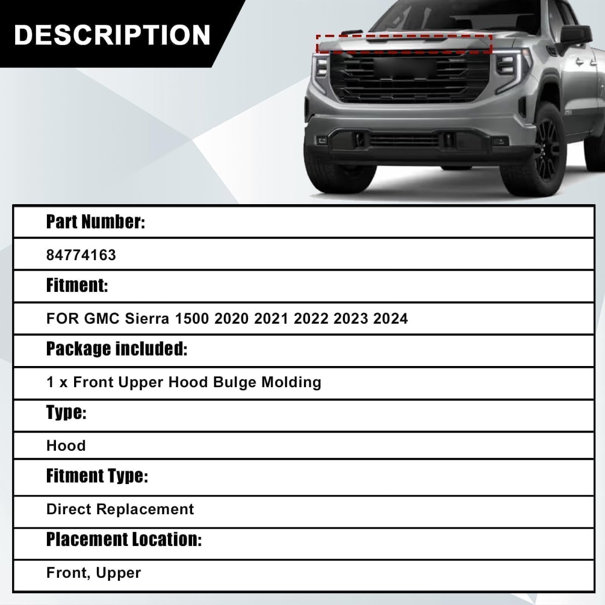 Upper Grille Top Molding Trim Cover Front For Gmc Sierra 1500 2020 2021 2022 2023 2024 Replace 84774163