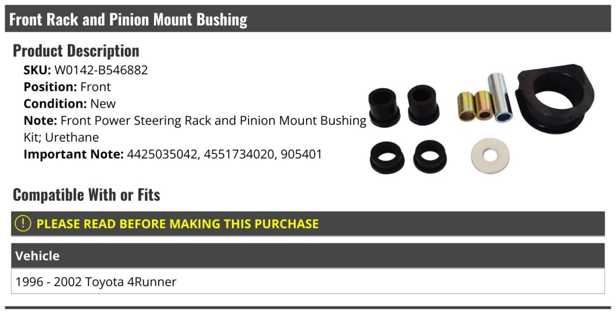 Front Power Steering Rack And Pinion Mount Bushing Kit Urethane For 1996 2002 Toyota 4runner Black W0142-b546882