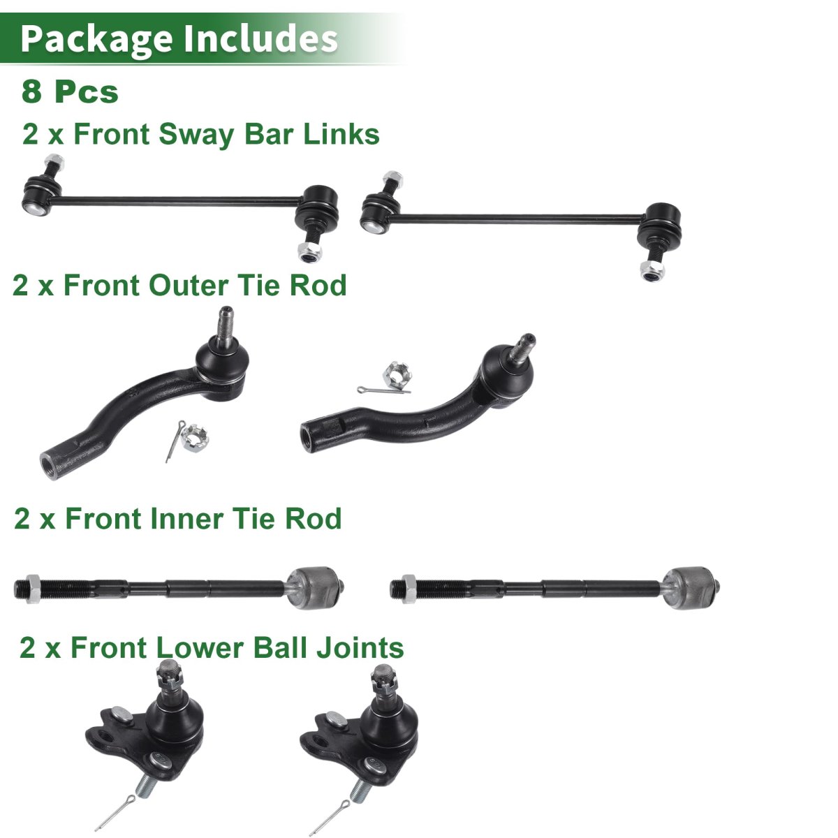 8pcs Front Suspension Kit Inner Outer Tie Rod End Sway Bar Link Lower Ball Joint For Toyota Corolla 2003-2008 No Ev470 Es80432