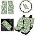Pzz Beach 70s 80s Swirl Car Seat Covers Full Set Floor Mats Seatbelt Pads Armrest Cushion Universal Fit Suv Van Sedan Green 