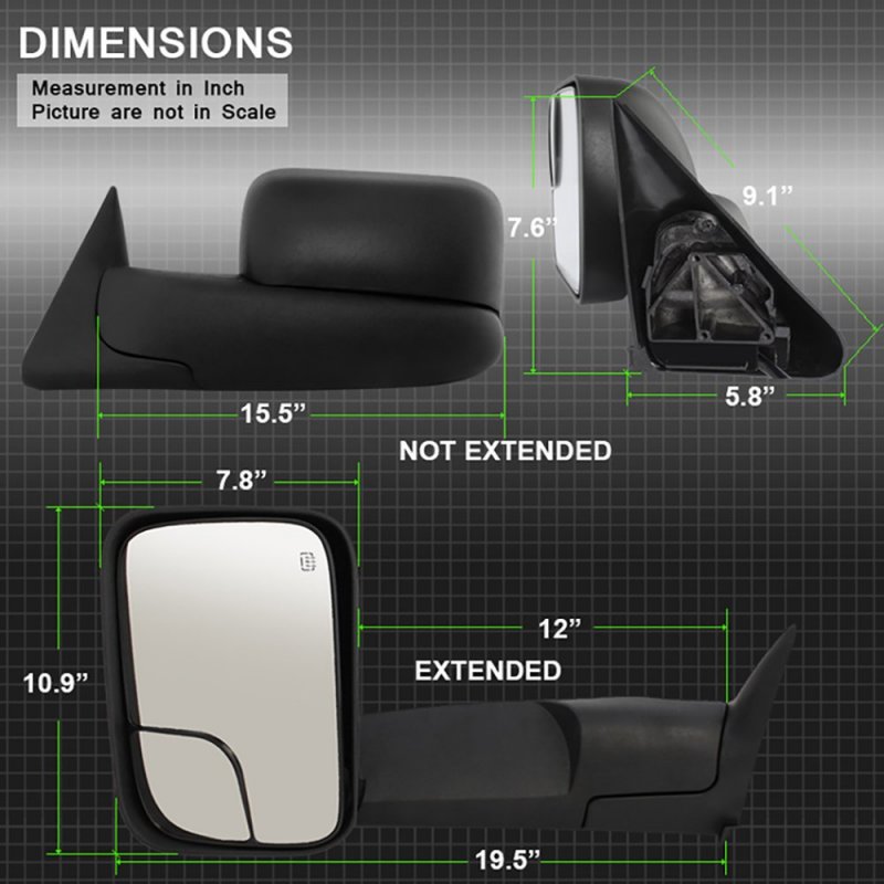Power Heated Side View Towing Mirror Assembly For 1994-2001 Dodge Ram 1500 1994-2002 2500 3500 Manual Folding Left Driver