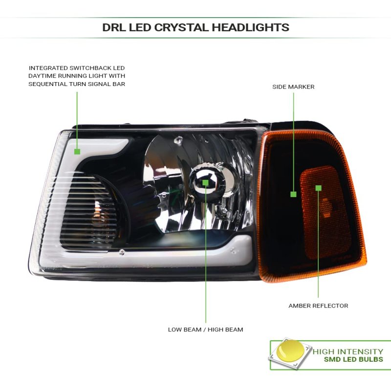 Tlaps 7422448582543 For 2001-2011 Ford Ranger Switchback Sequential Led Strip Bar Black Housing Headlights With Signal Corner