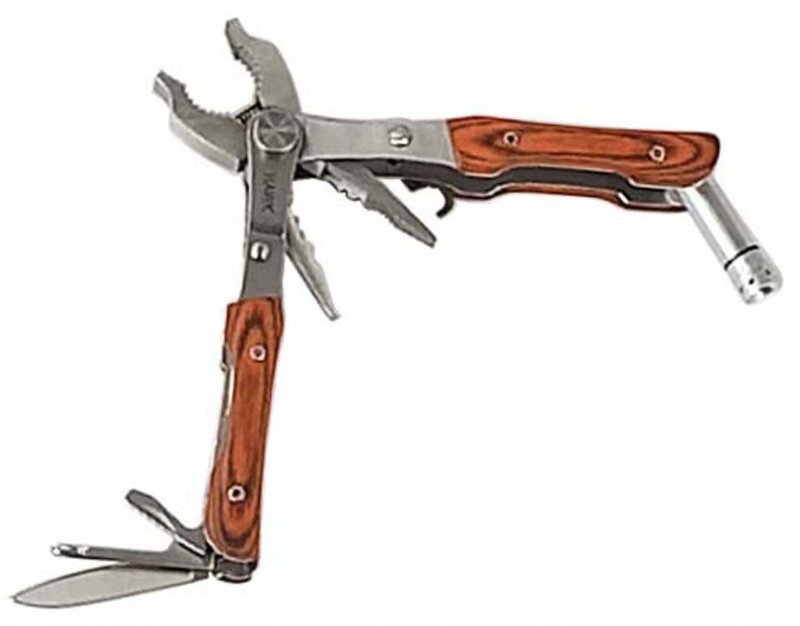 Artesia Tool 11-in-1 Stainless Steel Folding Multi-tool Wood Grain Handles Includes Pliers Wire Cutter Crimper Led Light Knife