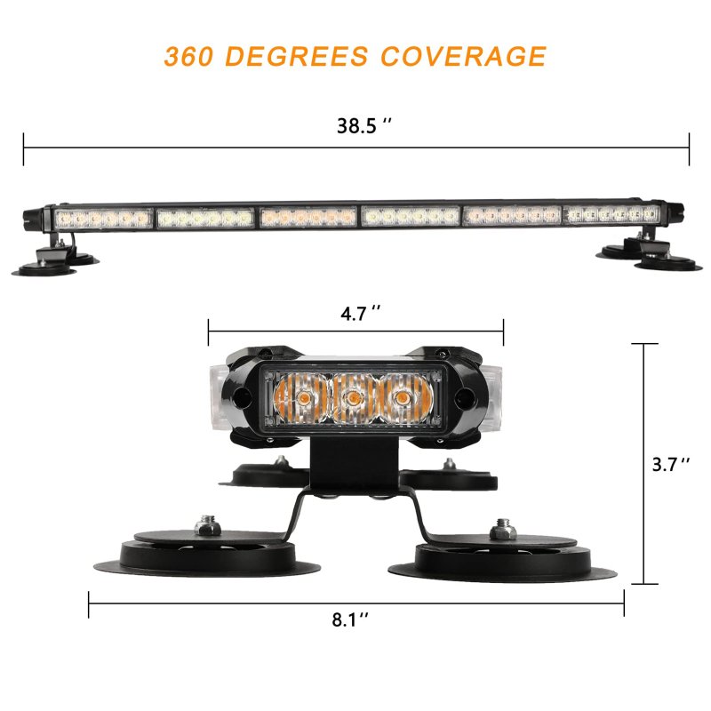 38 5 In Led Strobe Light Bar Amber Emergency Warning Flash With Magnetic Base For Tow Trucks Pickup And Construction Vehicles