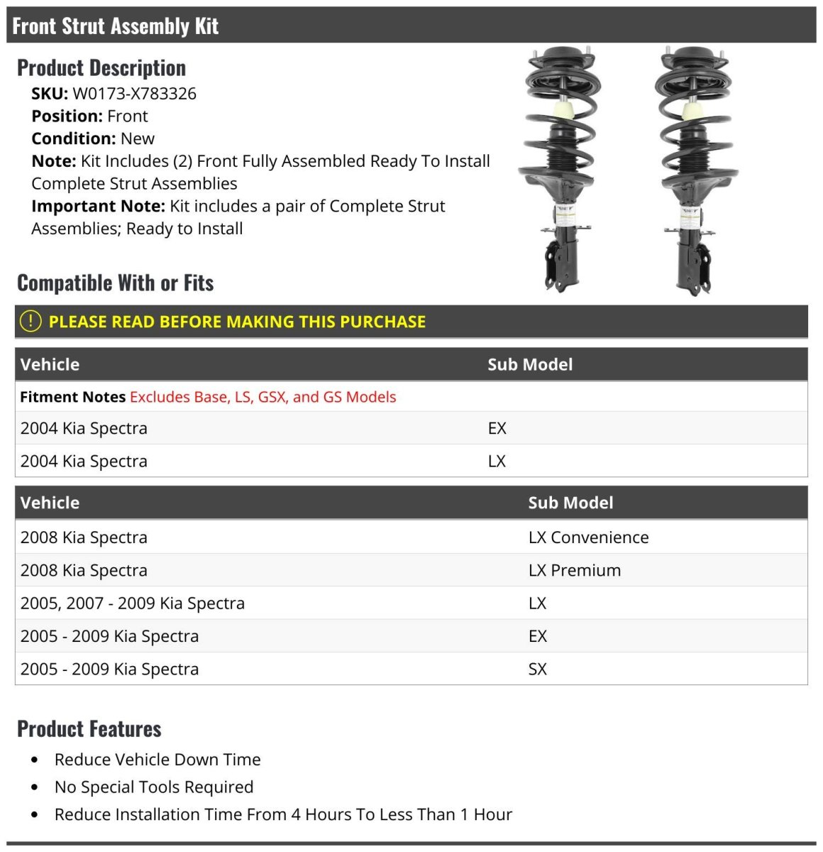 Front Strut And Coil Spring Assembly Kit 2 Piece Compatible With 2004-2009 Kia Spectra Excludes Base Ls Gsx Gs Models