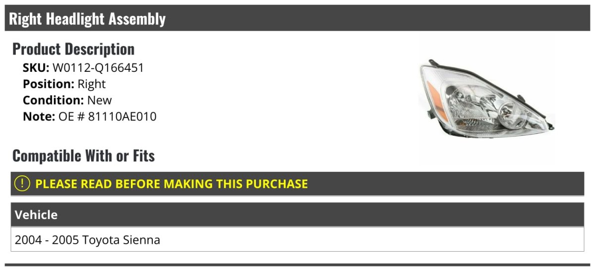 Right Passenger Side Headlight Assembly For 2004-2005 Toyota Sienna