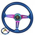 Ajp Distributors 345mm 6 Bolt Hole Neo Chrome Center Blue Trim 3 Spokes Steering Wheel Wakaba Leaf Horn Button 