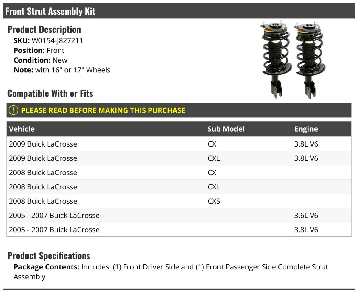 Front Strut And Coil Spring Assembly Kit Set Of 2 For 2005-2009 Buick Lacrosse Only Fits Models With 16 Inch Or 17 Wheels