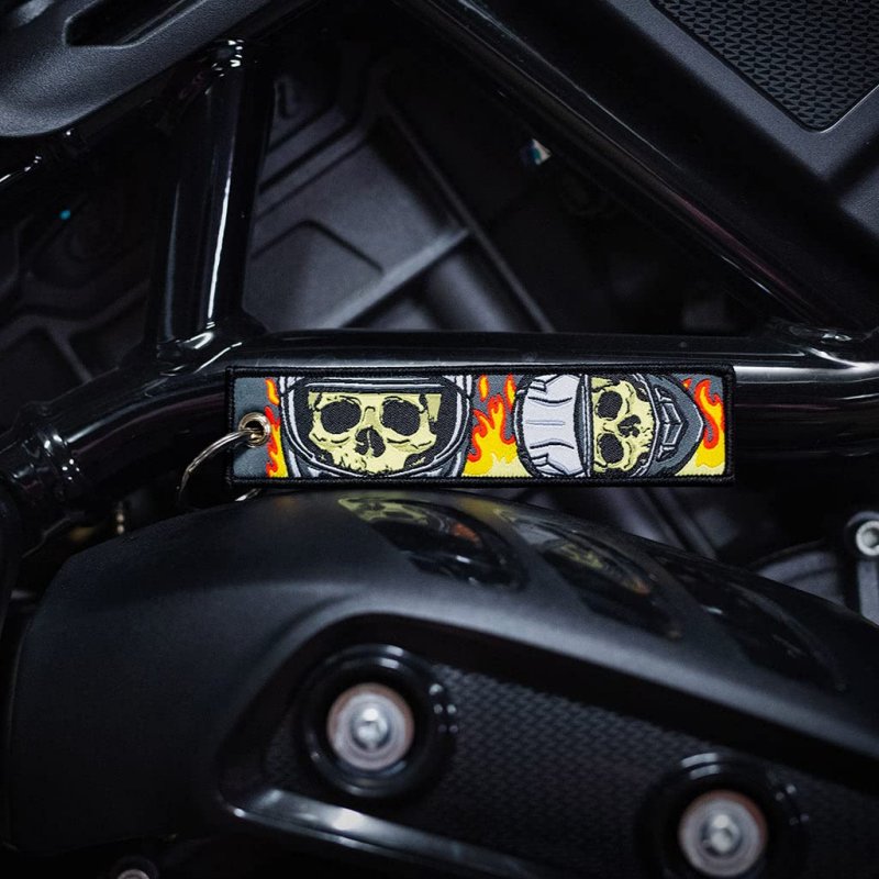 Skull Rider Keychain For Motorcycles Scooters And Cars Scratch Resistant Fabric Tag With 2 Key Rings 5 12 In Length