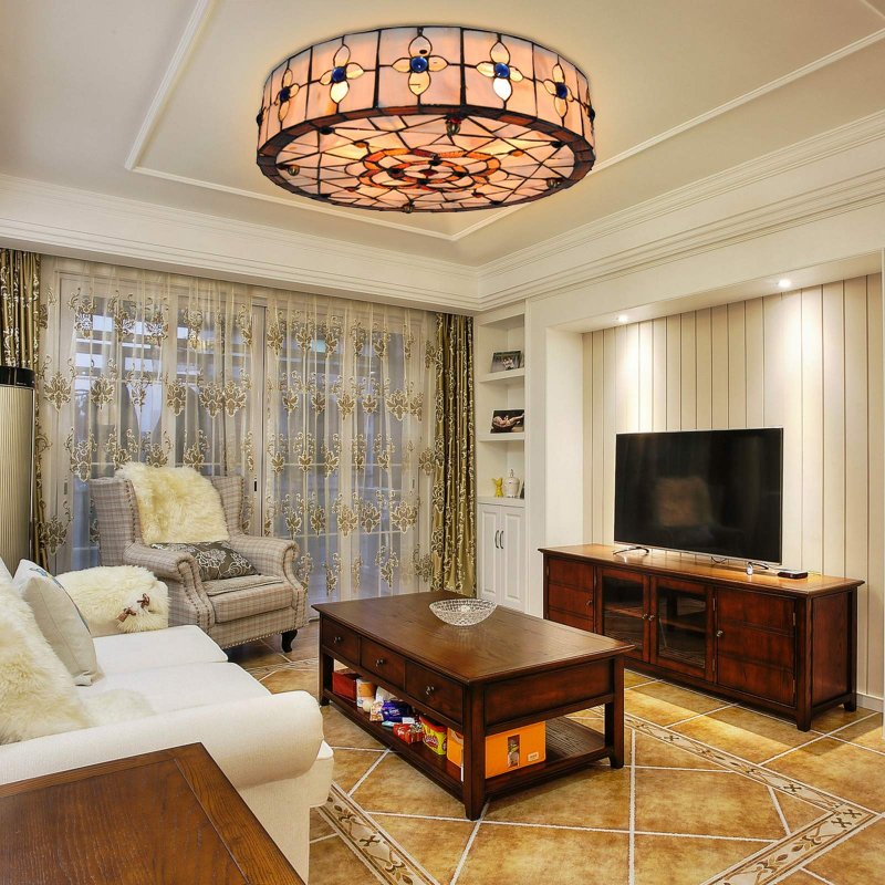 18 Inch Tiffany Style Flush Mount Ceiling Light Stained Glass Lamp Victorian Hanging For Living Room Bedroom Hotel Cafe 6 Leaf