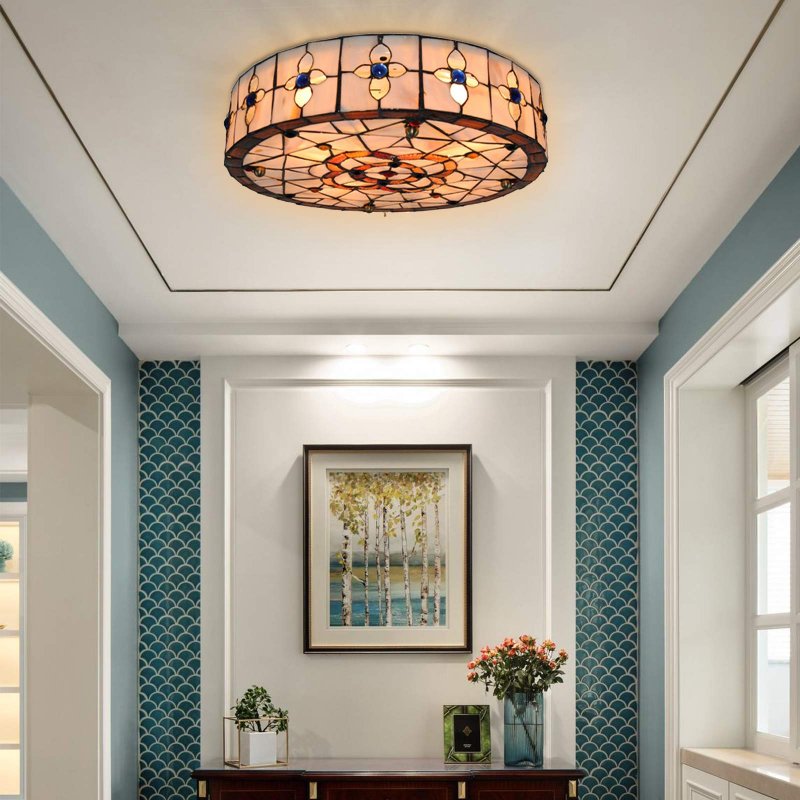 18 Inch Tiffany Style Flush Mount Ceiling Light Stained Glass Lamp Victorian Hanging For Living Room Bedroom Hotel Cafe 6 Leaf