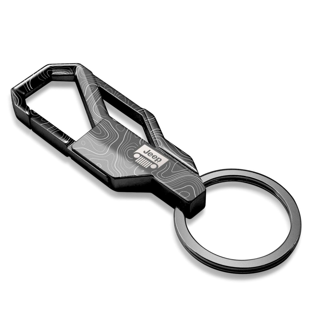 Jeep Grill Logo Laser Etched Topographic Black Carabiner Snap Hook Metal Keychain Official Licensed Modern Design 3 75 In X 1
